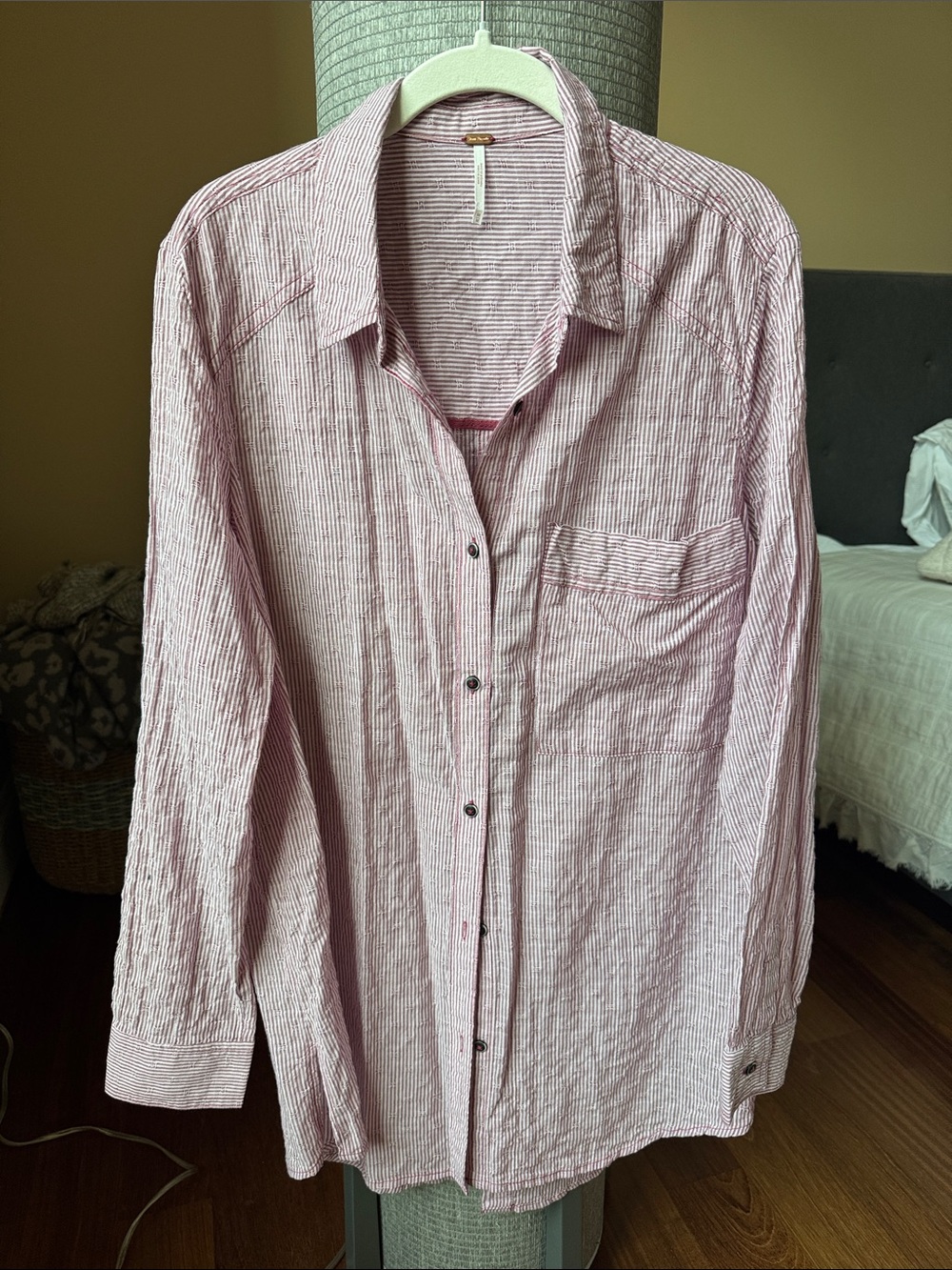Free People Lightweight Button-Up Shirt in Red Stripe